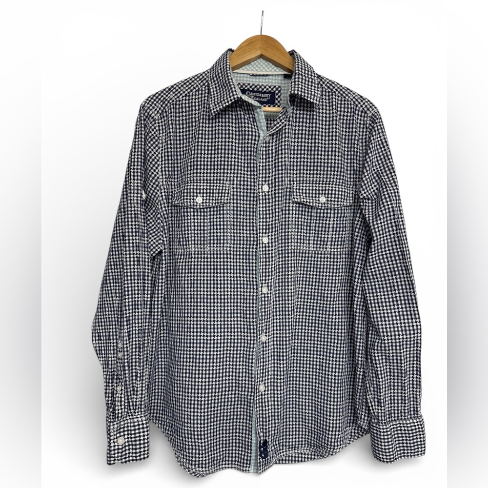 Canterbury NZ Gingham Cotton Button Up Shirt Blue White Large
